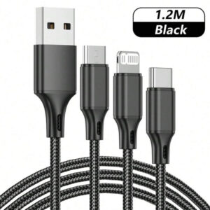 Fast Charger 1,2m/120cm USB To Type C 3-in-1 Braided Nylon Black