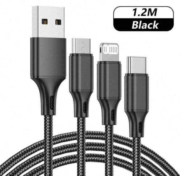 Fast Charger 1,2m/120cm USB To Type C 3-in-1 Braided Nylon Black